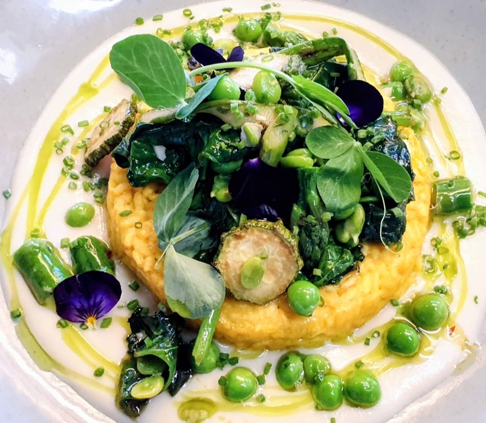 Saffron riso al salto with spring greens